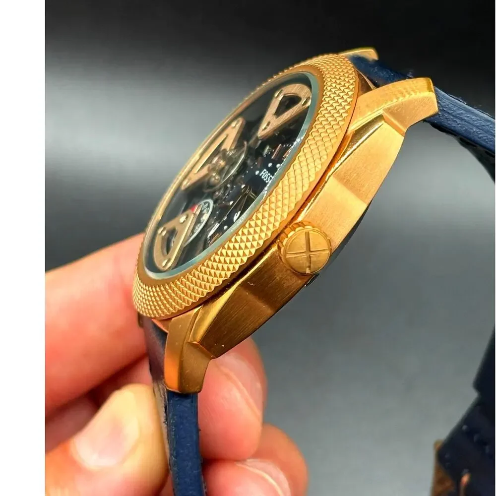 Fossil ME1158 Machine Twist Hybrid Rose Gold Blue Leather Men's Watch 45mm